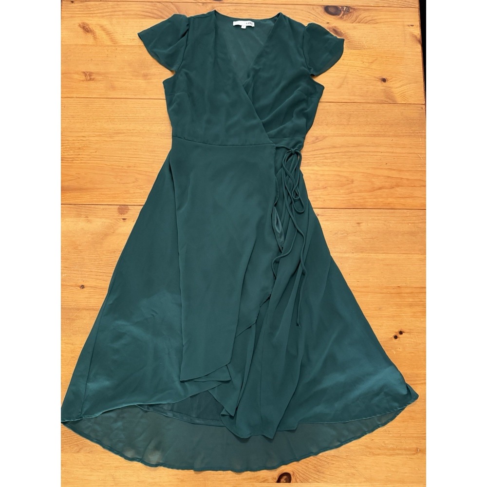 Baltic Born Vara Wrap Dress L Emerald Green Chiffon Flutter Sleeve Hi Low Hem